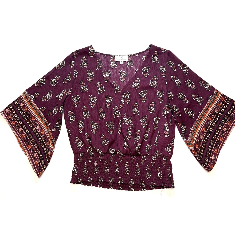 Twine & String 3/4 Bell Sleeve V-Neck Elastic Waistline Blouse Womens Medium